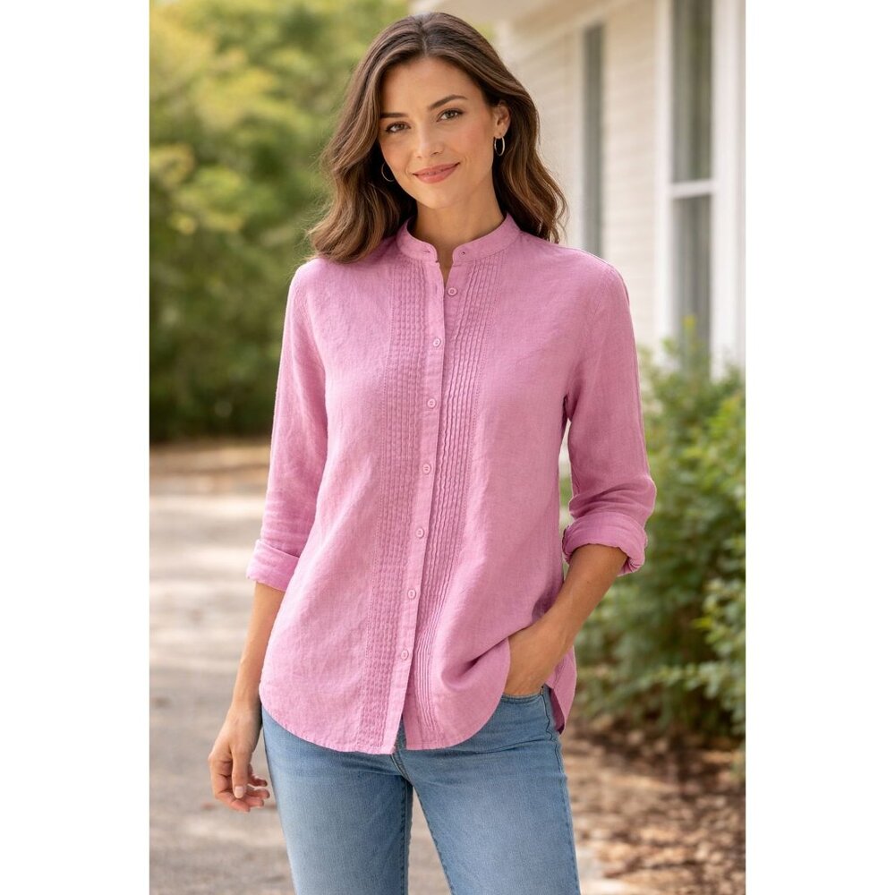 L.L.Bean Women's Premium Washable Linen Shirt Pleated Size S Peasant Lagenlook